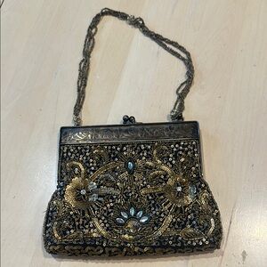 Elegant Black and Gold Beaded Evening Bag